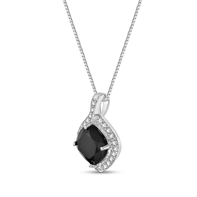 Main Image 2 of 9.0mm Cushion-Cut Onyx and White Topaz Swirl Frame Drop Pendant in Sterling Silver