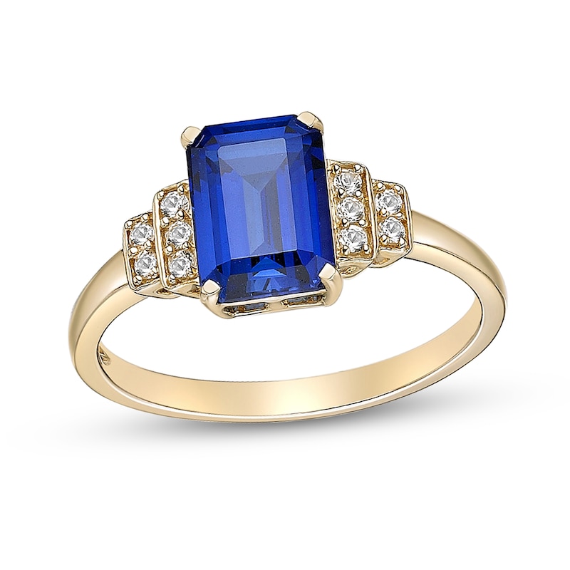 Main Image 1 of Emerald-Cut Blue and White Lab-Created Sapphire Stepped Collar Ring in Sterling Silver with 18K Gold Plate