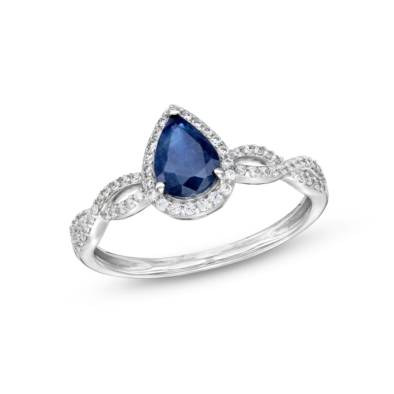 Pear-Shaped Blue Sapphire and 1/6 CT. T.W. Diamond Frame Loose Braid Ring in 10K White Gold