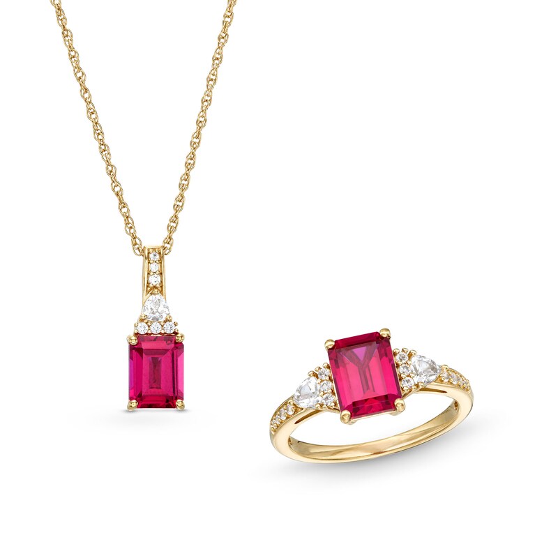 Main Image 1 of Emerald-Cut Lab-Created Ruby and White Lab-Created Sapphire Pendant and Ring Set in Sterling Silver with 14K Gold Plate