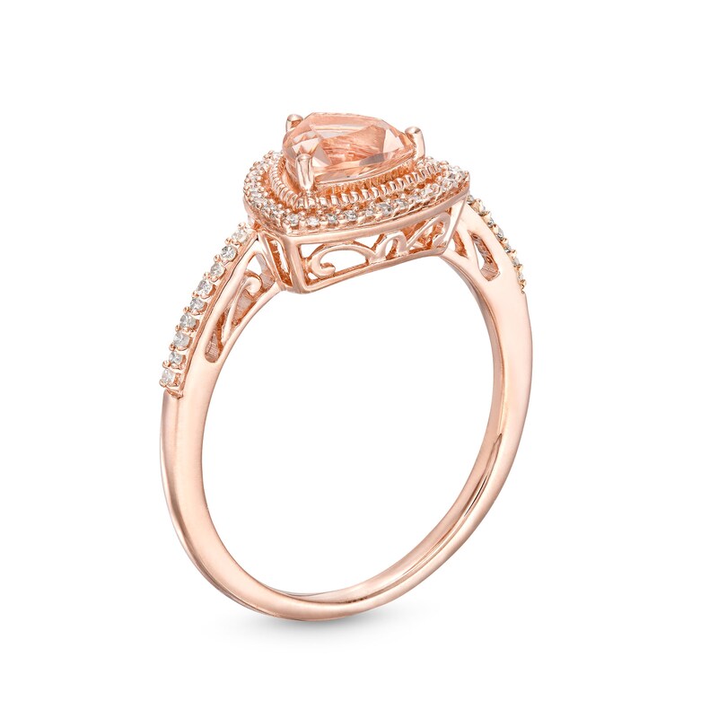 Main Image 3 of 6.0mm Trillion-Cut Morganite and 1/8 CT. T.W. Diamond Frame Vintage-Style Ring in 10K Rose Gold