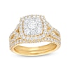Thumbnail Image 1 of 1-1/2 CT. T.W. Cushion-Shaped Multi-Diamond Frame Chevron Side Accent Double Row Split Shank Bridal Set in 10K Gold