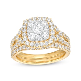 1-1/2 CT. T.W. Cushion-Shaped Multi-Diamond Frame Chevron Side Accent Double Row Split Shank Bridal Set in 10K Gold