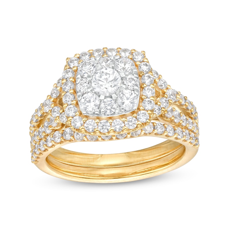 Main Image 1 of 1-1/2 CT. T.W. Cushion-Shaped Multi-Diamond Frame Chevron Side Accent Double Row Split Shank Bridal Set in 10K Gold