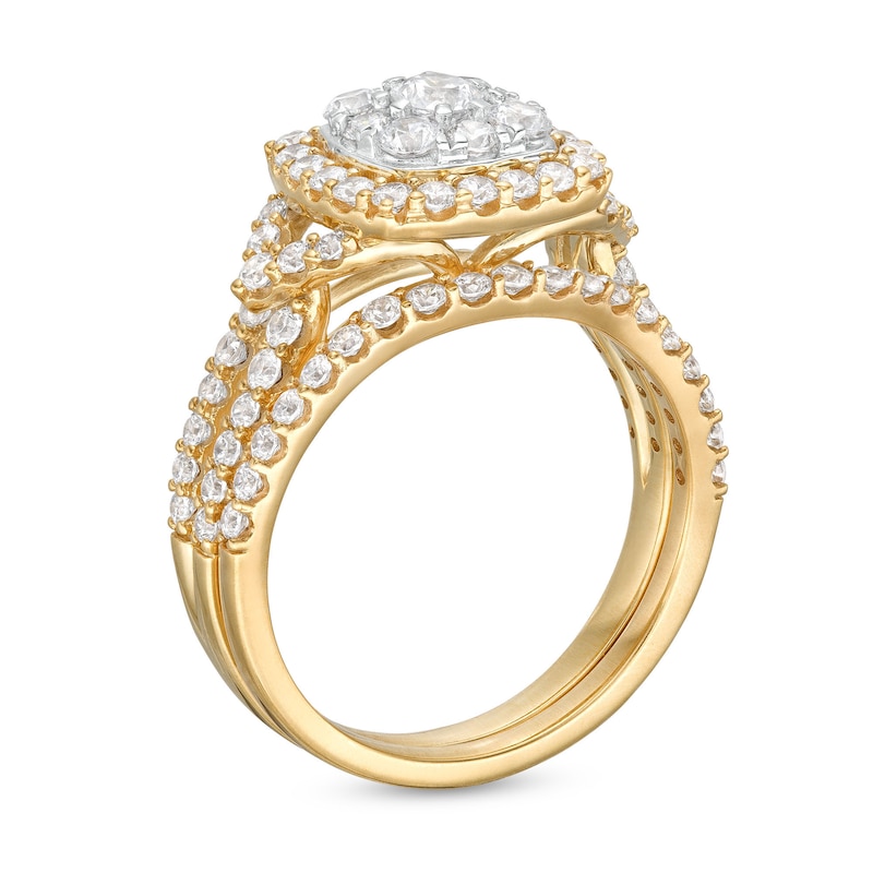 Main Image 3 of 1-1/2 CT. T.W. Cushion-Shaped Multi-Diamond Frame Chevron Side Accent Double Row Split Shank Bridal Set in 10K Gold