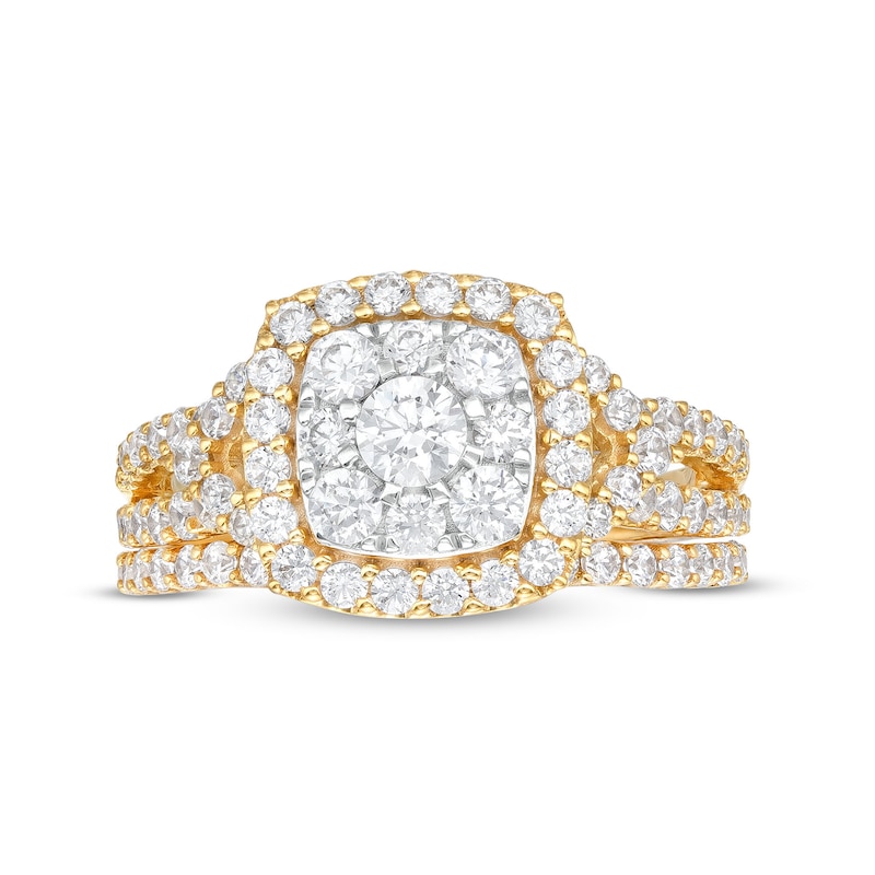 Main Image 4 of 1-1/2 CT. T.W. Cushion-Shaped Multi-Diamond Frame Chevron Side Accent Double Row Split Shank Bridal Set in 10K Gold
