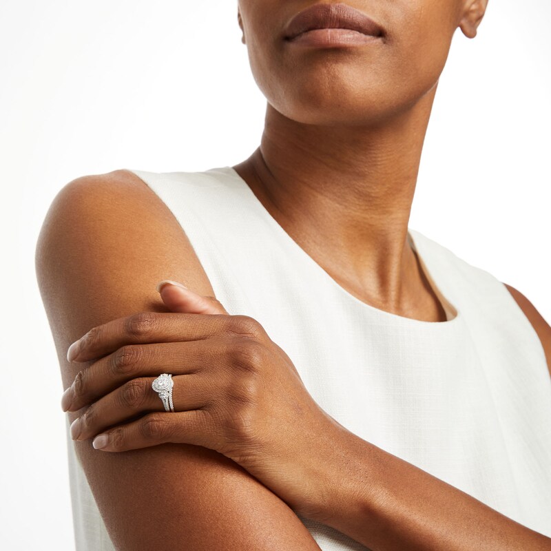 Main Image 2 of 5/8 CT. T.W. Oval Multi-Diamond Frame Three Stone Double Row Split Shank Bridal Set in 10K White Gold