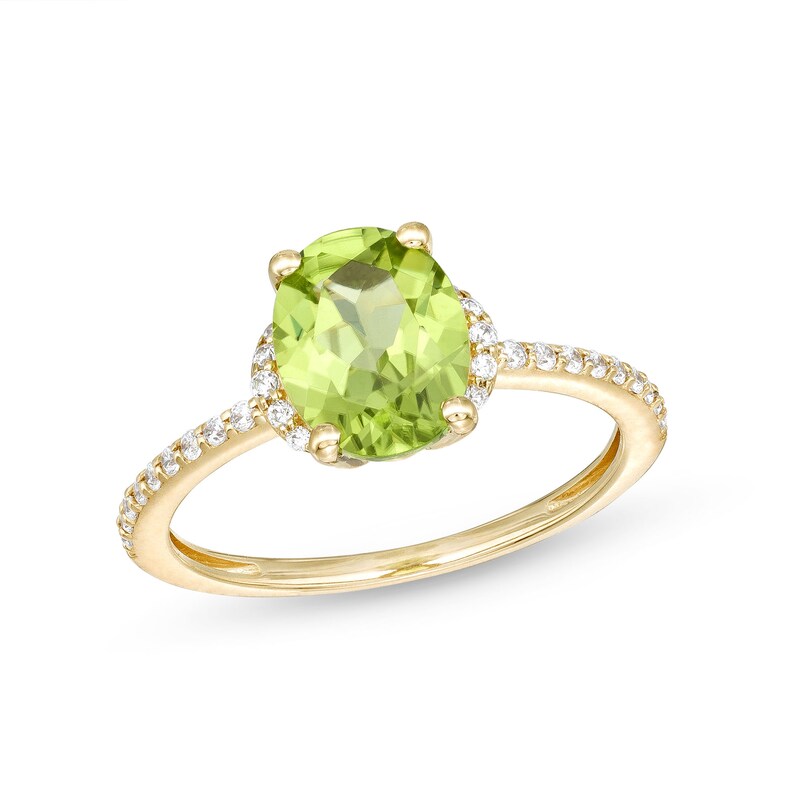 Main Image 1 of Oval Peridot and 1/10 CT. T.W. Diamond Hidden Frame Ring in 10K Gold