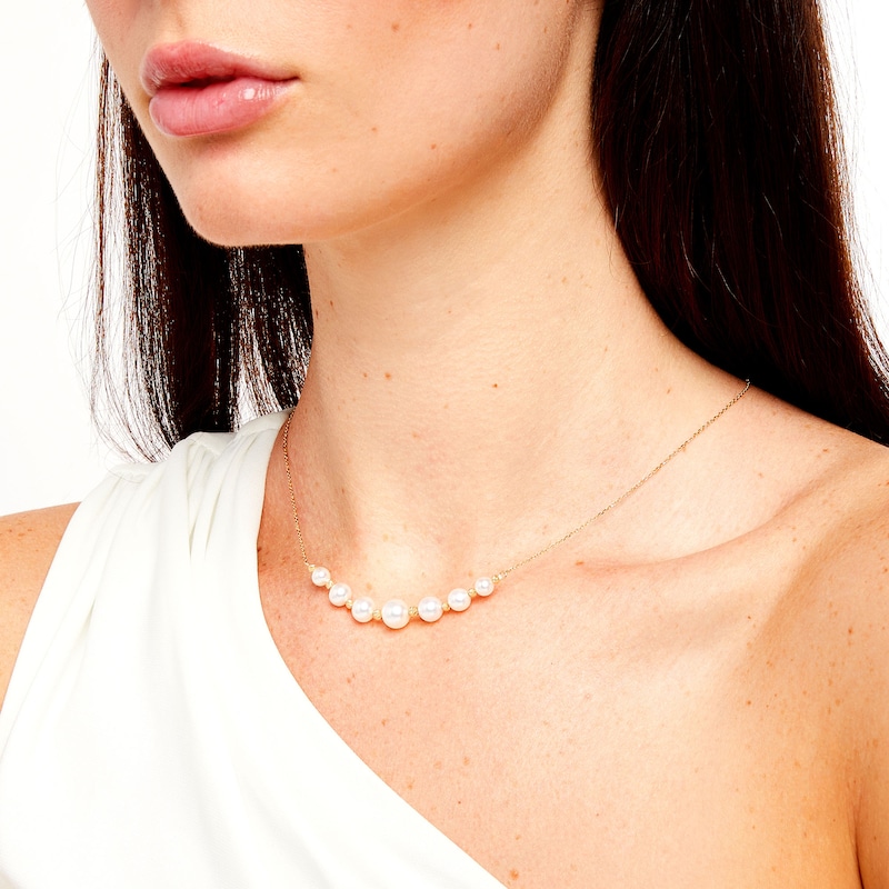 5.0-8.5mm Cultured Akoya Pearl and Brilliance Bead Spacer Necklace in 14K Gold