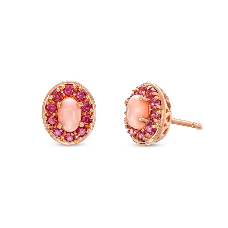 Main Image 1 of Oval Pink Opal and Pink Rhodolite Garnet Frame Stud Earrings in Sterling Silver with 14K Rose Gold Plate