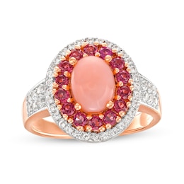 Oval Pink Opal, Rhodolite Garnet and White Lab-Created Sapphire Ring in Sterling Silver with 14K Rose Gold Plate
