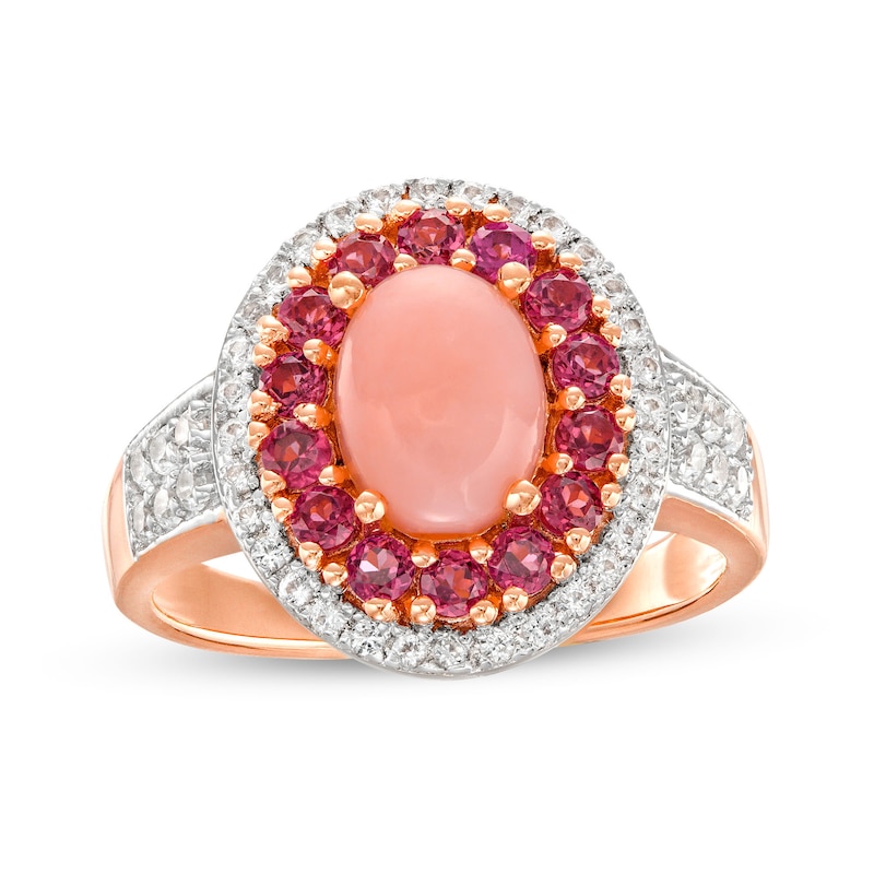 Main Image 1 of Oval Pink Opal, Rhodolite Garnet and White Lab-Created Sapphire Ring in Sterling Silver with 14K Rose Gold Plate