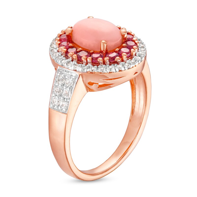 Main Image 2 of Oval Pink Opal, Rhodolite Garnet and White Lab-Created Sapphire Ring in Sterling Silver with 14K Rose Gold Plate