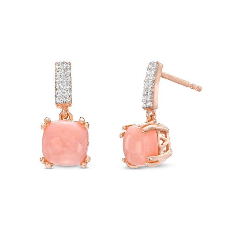 Main Image 1 of 7.0mm Cushion-Shaped Pink Opal and White Lab-Created Sapphire Drop Earrings in Sterling Silver with 14K Rose Gold Plate