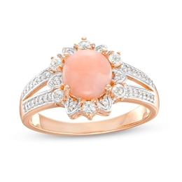7.0mm Pink Opal and White Lab-Created Sapphire Floral Frame Ring in Sterling Silver with 14K Rose Gold Plate – Size 7