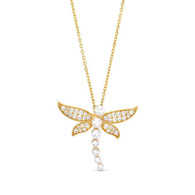 Main Image 1 of Freshwater Cultured Pearl and White Lab-Created Sapphire Dragonfly Pendant in Sterling Silver with 10K Gold Plate