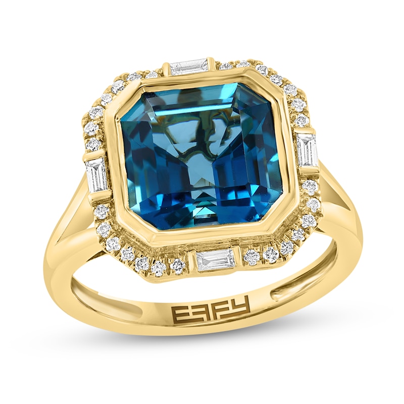 EFFY™ Collection 10.0mm Octagonal London Blue Topaz and 1/5 CT. T.W. Diamond Art Deco Ring in 14K Gold