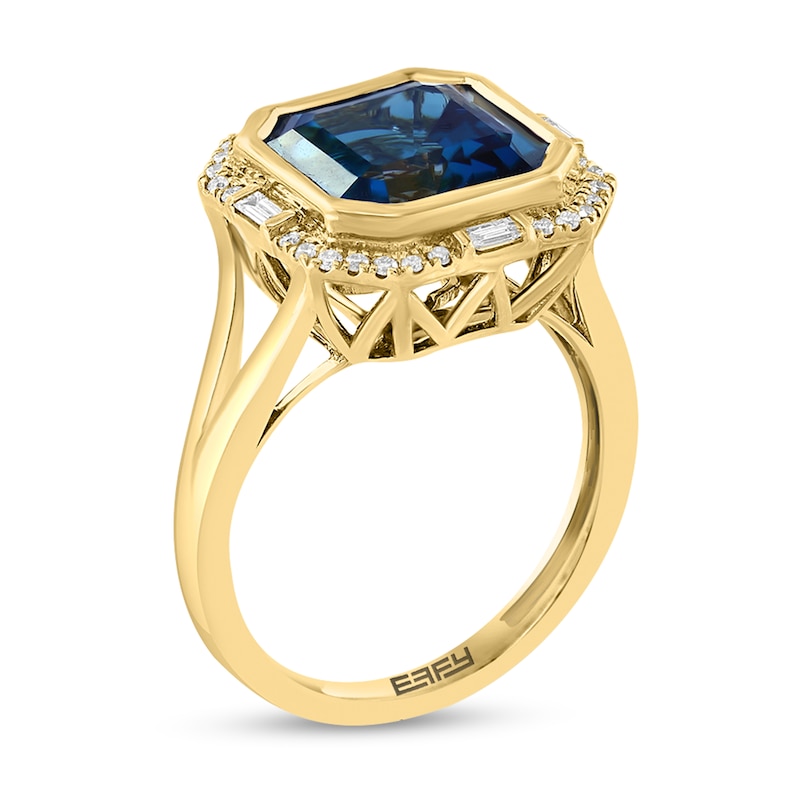 EFFY™ Collection 10.0mm Octagonal London Blue Topaz and 1/5 CT. T.W. Diamond Art Deco Ring in 14K Gold
