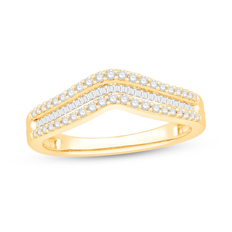 Main Image 1 of 1/3 CT. T.W. Baguette and Round Diamond Triple Row Contour Anniversary Band in 14K Gold