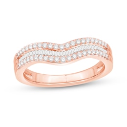 1/3 CT. T.W. Baguette and Round Diamond Triple Row Contour Anniversary Band in 14K Rose Gold