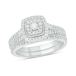 1/4 CT. T.W. Cushion Multi-Diamond Frame Double Row Bridal Set in Sterling Silver
