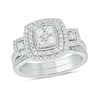 1/3 CT. T.W. Cushion Multi-Diamond Double Frame Three Stone Bridal Set In Sterling Silver