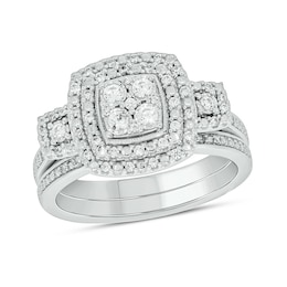 1/3 CT. T.W. Cushion Multi-Diamond Double Frame Three Stone Bridal Set in Sterling Silver
