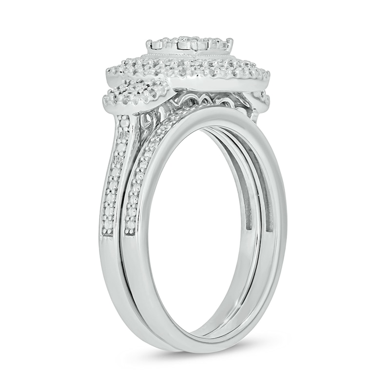 Main Image 3 of 1/3 CT. T.W. Cushion Multi-Diamond Double Frame Three Stone Bridal Set in Sterling Silver