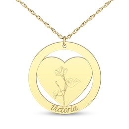 Birth Flower Engravable Heart in Circle Pendant (1-3 Lines and Flowers)