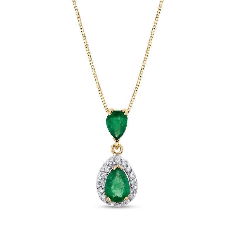 Main Image 1 of Pear-Shaped Emerald and 1/6 CT. T.W. Diamond Frame Drop Pendant in 14K Gold