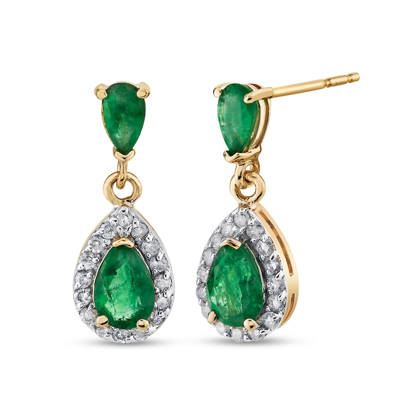 Main Image 1 of Pear-Shaped Emerald and 1/4 CT. T.W. Diamond Frame Drop Earrings in 14K Gold