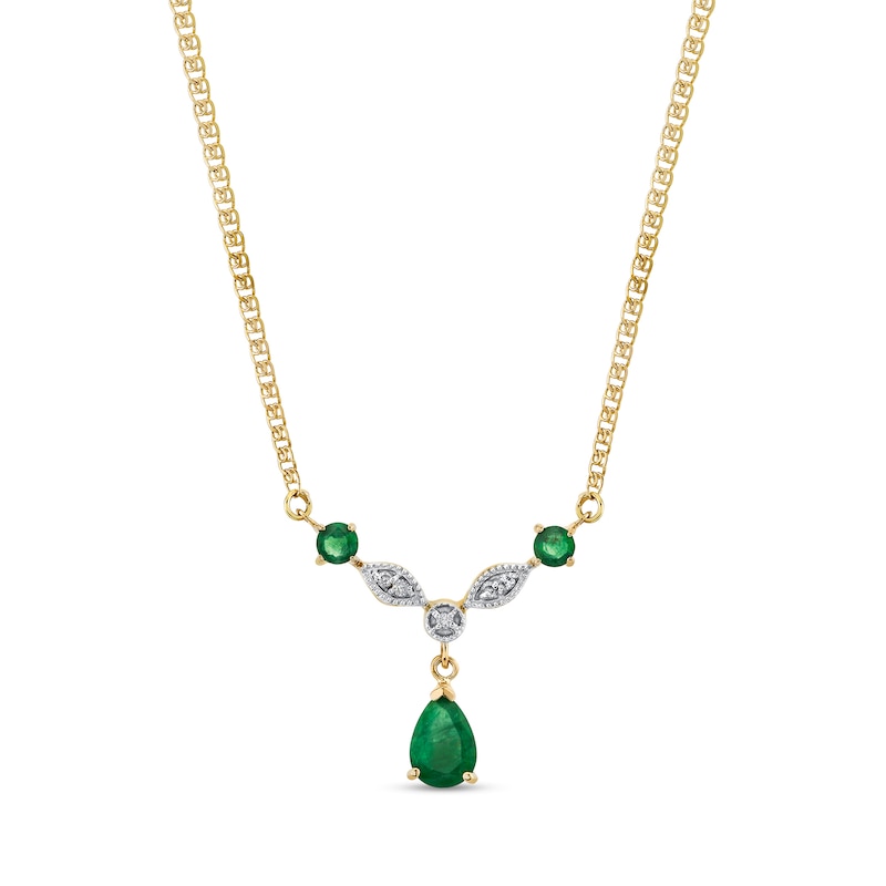 Main Image 1 of Pear-Shaped Emerald and 1/20 CT. T.W. Diamond Drop Vintage-Style Necklace in 14K Gold - 16"