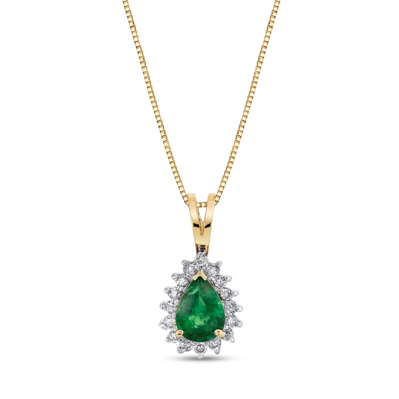 Main Image 1 of Pear-Shaped Emerald and 1/6 CT. T.W. Diamond Frame Pendant in 14K Gold