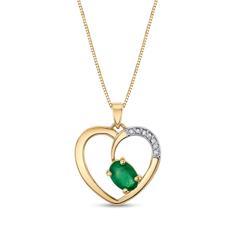 Main Image 1 of Offset Oval Emerald and Diamond Accent Heart Pendant in 14K Gold