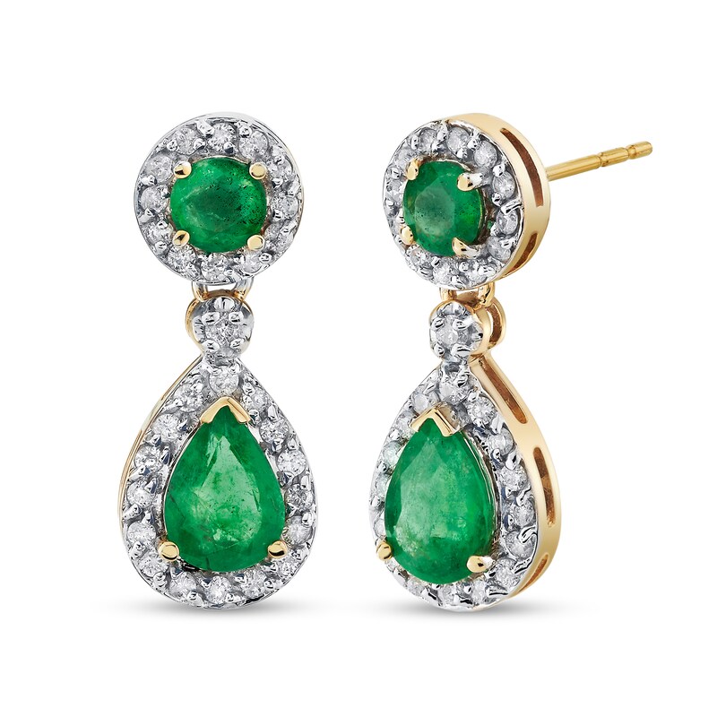 Main Image 1 of Pear-Shaped Emerald and 1/2 CT. T.W. Diamond Frame Drop Earrings in 14K Gold
