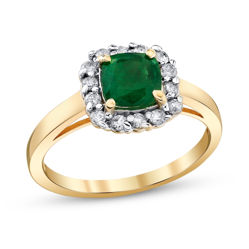 Main Image 1 of 6.0mm Cushion-Cut Emerald and 1/4 CT. T.W. Diamond Frame Ring in 14K Gold
