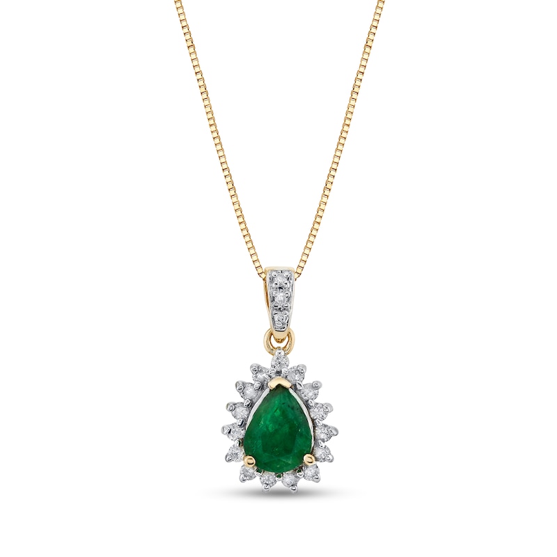 Pear-Shaped Emerald and 1/4 CT. T.W. Diamond Sunburst Frame Pendant in 14K Gold