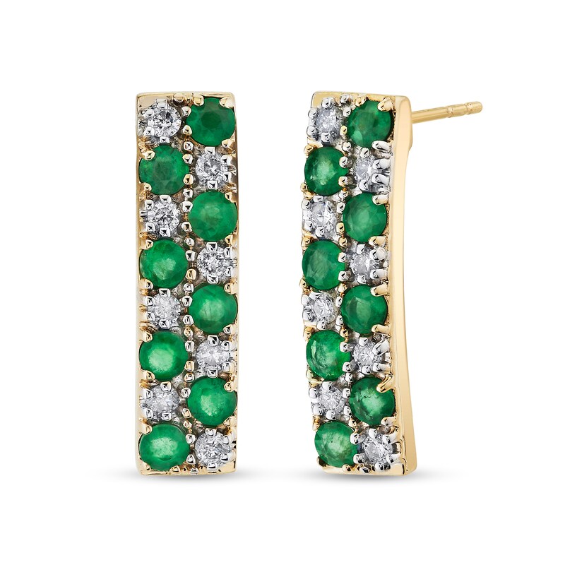 Emerald and 1/3 CT. T.W. Diamond Checkered Curved Bar Drop Earrings in 14K Gold