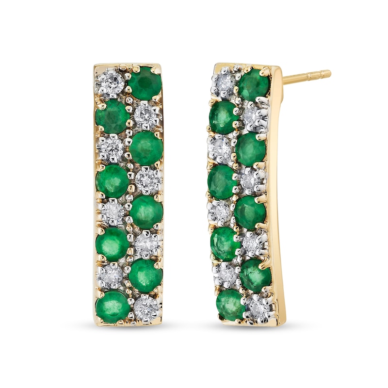 Main Image 1 of Emerald and 1/3 CT. T.W. Diamond Checkered Curved Bar Drop Earrings in 14K Gold