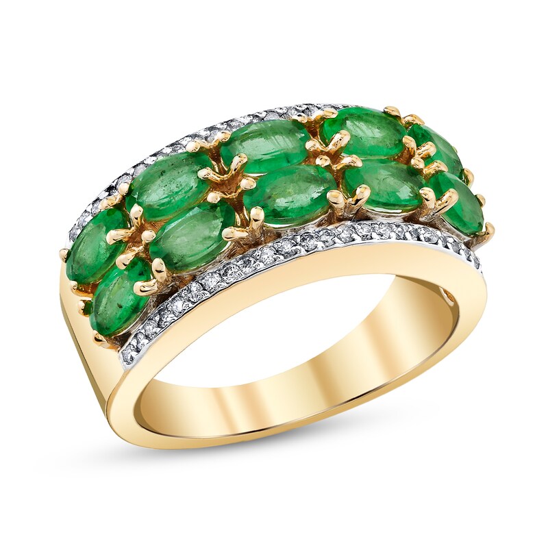 Main Image 1 of Sideways Oval Emerald and 1/4 CT. T.W. Diamond Edge Double Row Ring in 14K Gold