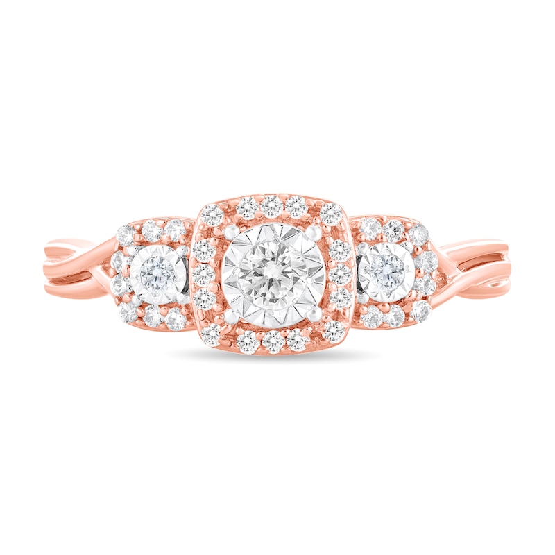 Main Image 3 of 1/4 CT. T.W. Diamond Cushion Frame Three Stone Twist Shank Engagement Ring in 10K Rose Gold (I/I3)