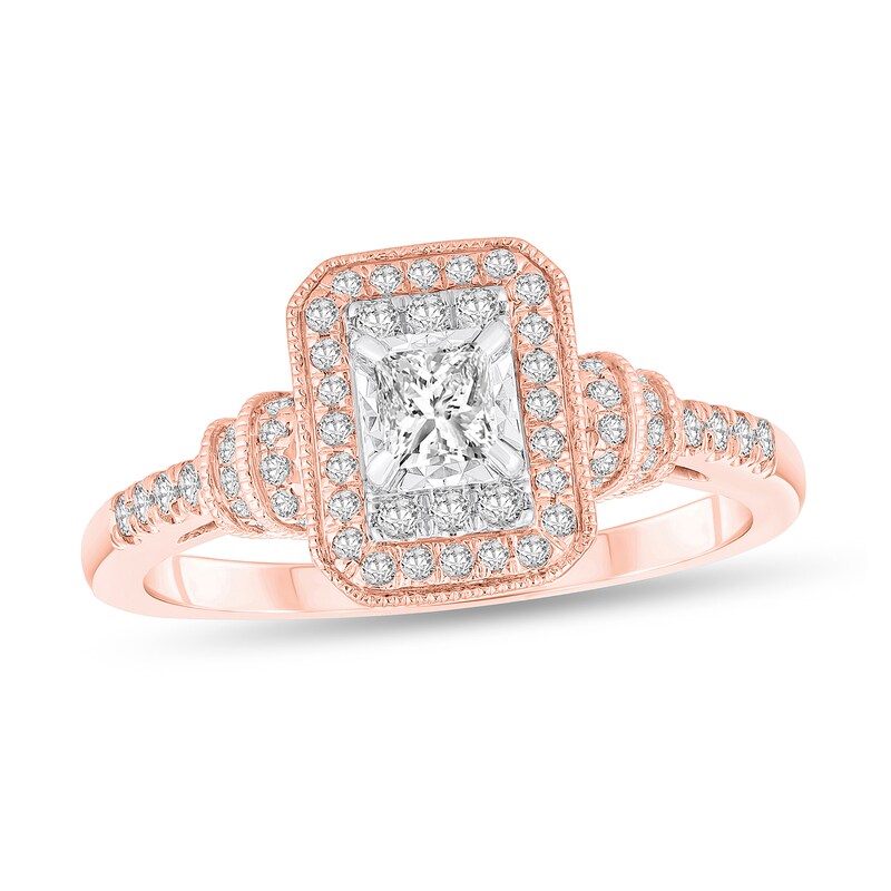 Main Image 1 of 1/2 CT. T.W. Princess-Cut Diamond Rectangular Frame Vintage-Style Engagement Ring in 10K Rose Gold