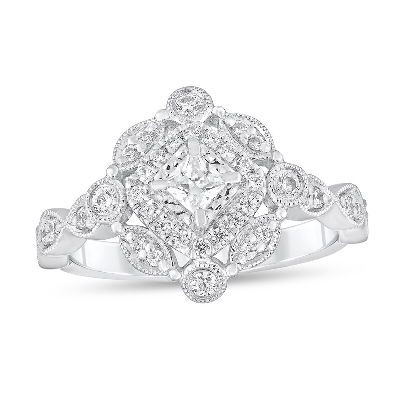 Main Image 1 of 1/2 CT. T.W. Princess-Cut Diamond Ornate Vintage-Style Engagement Ring in 14K White Gold (I/I2)