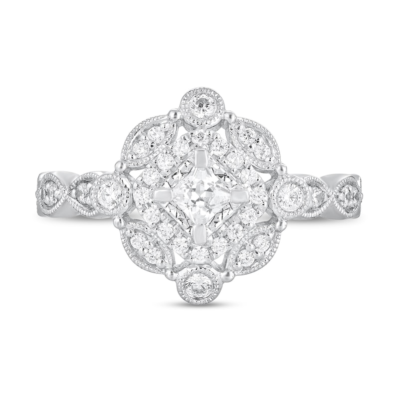 Main Image 3 of 1/2 CT. T.W. Princess-Cut Diamond Ornate Vintage-Style Engagement Ring in 14K White Gold (I/I2)