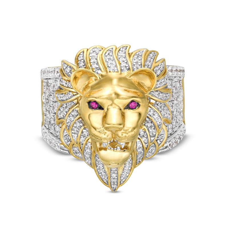 Main Image 1 of Men's 1 CT. T.W. Diamond and Lab-Created Ruby Lion Ring in 10K Gold