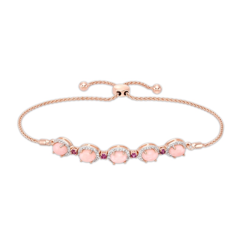 Main Image 1 of Pink Opal, Rhodolite Garnet and White Lab-Created Sapphire Bolo Bracelet in Sterling Silver with 14K Rose Gold Plate
