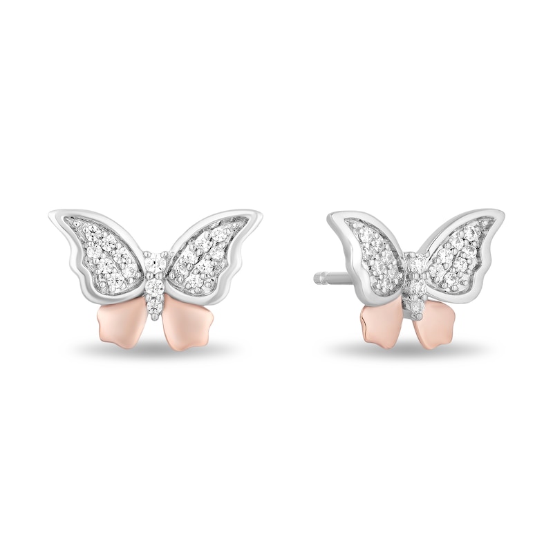Main Image 1 of Enchanted Disney Mulan 1/8 CT. T.W. Diamond Butterfly Stud Earrings in Sterling Silver and 10K Rose Gold