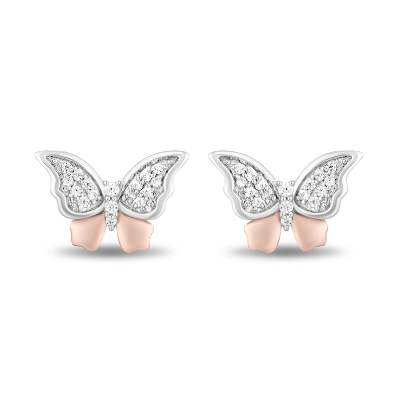 Main Image 2 of Enchanted Disney Mulan 1/8 CT. T.W. Diamond Butterfly Stud Earrings in Sterling Silver and 10K Rose Gold