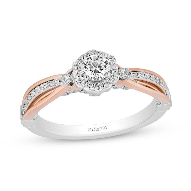 Main Image 1 of Enchanted Disney Belle 1/2 CT. T.W. Diamond Scallop Frame Split Shank Engagement Ring in 14K Two-Tone Gold