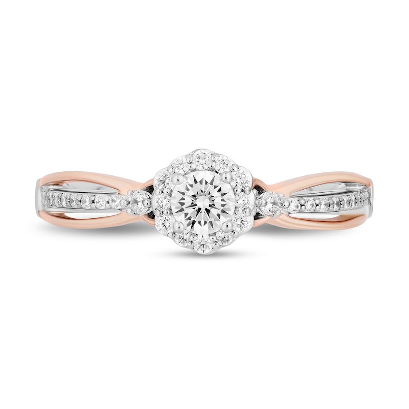 Main Image 4 of Enchanted Disney Belle 1/2 CT. T.W. Diamond Scallop Frame Split Shank Engagement Ring in 14K Two-Tone Gold